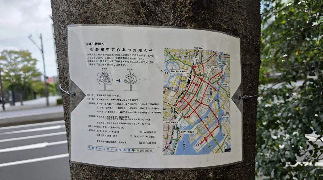在東京街頭看見街路樹修剪公告｜怡仁生態景觀