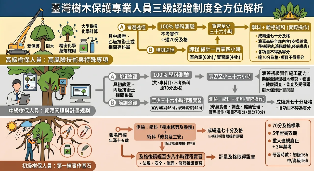 台灣樹木保護專業人員認證級別與考核規範對照表