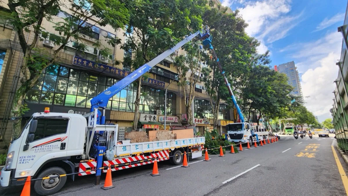 台北市街道行道樹修剪:高空作業車伸出吊臂修剪路樹,周邊設置交通錐維護安全